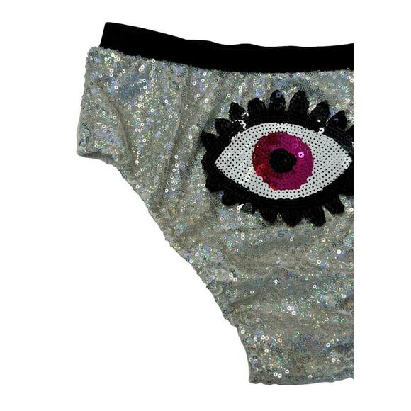 RAVE WONDERLAND Silver Sequin Covered Pink Evil Eye Cheeky Bootie Shorts Sz M/L - Picture 3 of 8